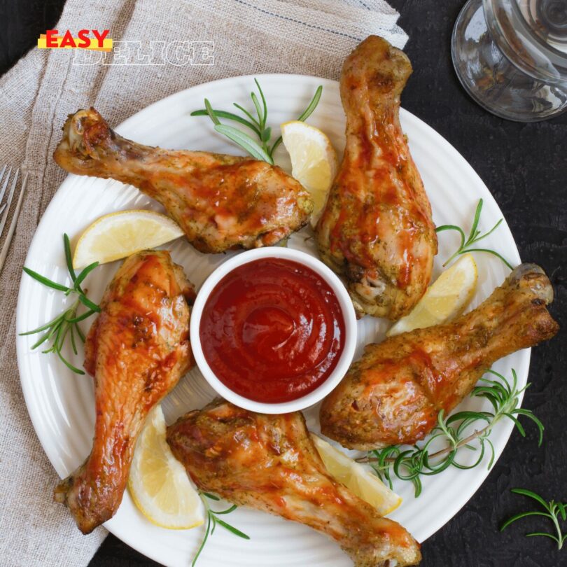 Pilons de poulet épicés, dorés et croustillants, cuits au Airfryer et servis avec du citron.