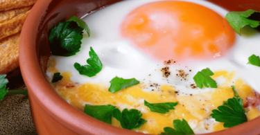 Œufs cocotte au chèvre et aux lardons servis dans des ramequins avec pain grillé.