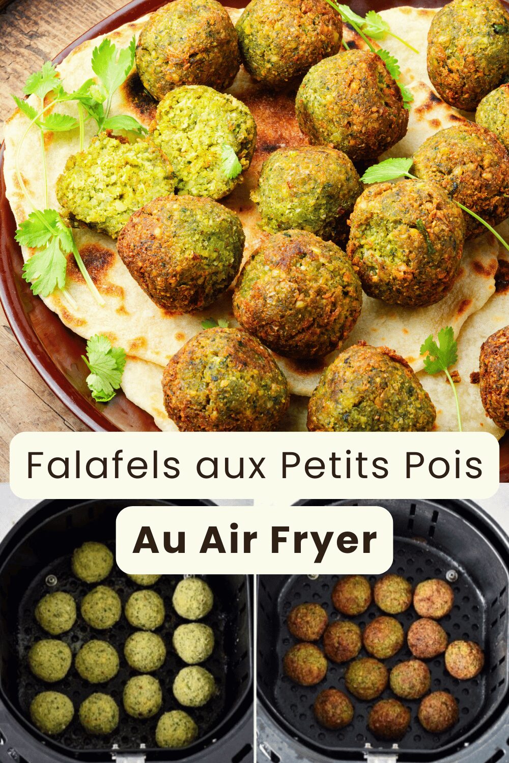 Falafels aux petits pois dorés et croustillants sortis de l’airfryer, servis avec une sauce tahini