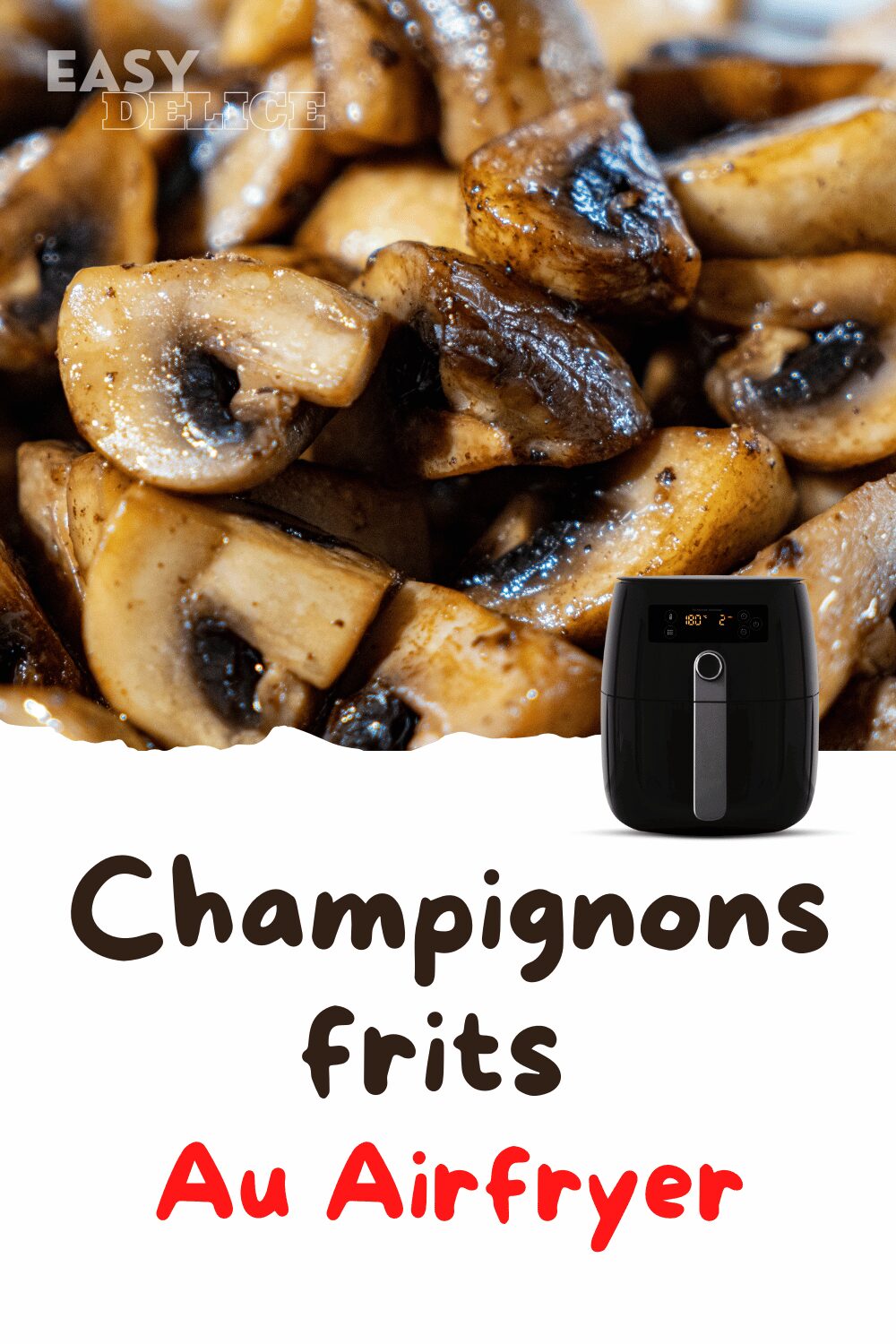 Champignons frits dorés et croustillants préparés à l’airfryer, présentés avec une sauce dip.