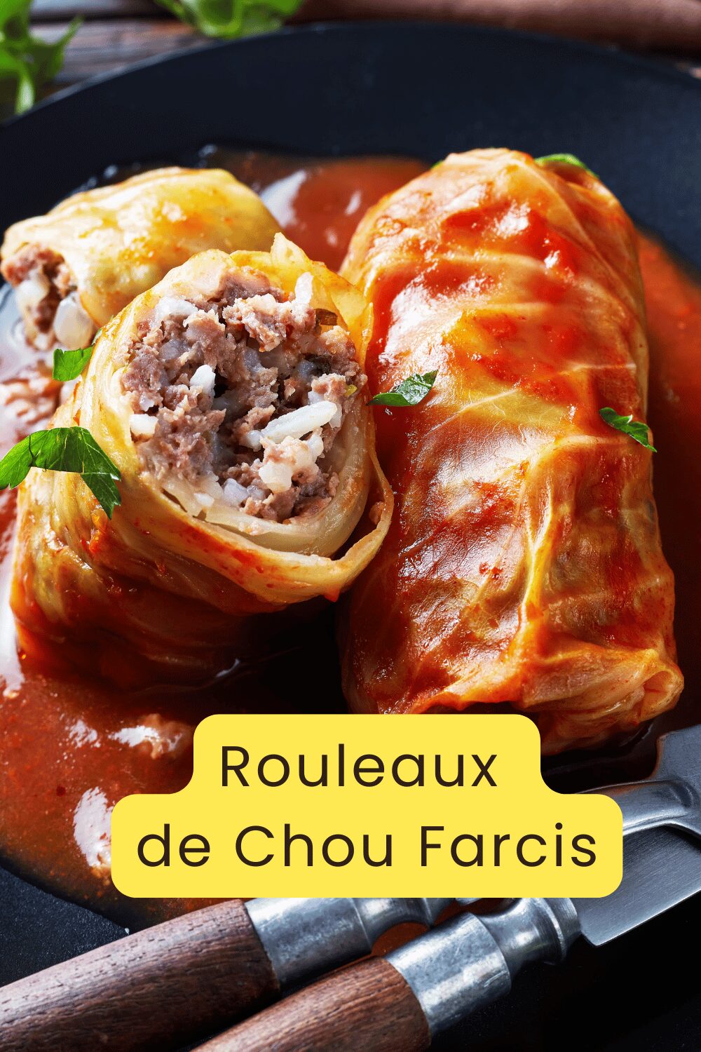 Rouleaux de chou farcis nappés de sauce tomate dans une assiette rustique