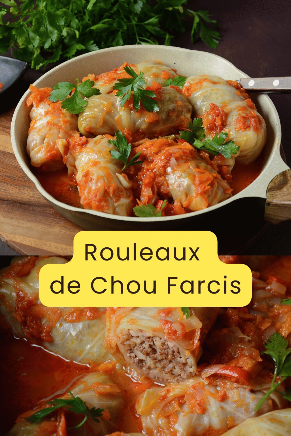 Rouleaux de chou farcis nappés de sauce tomate dans une assiette rustique