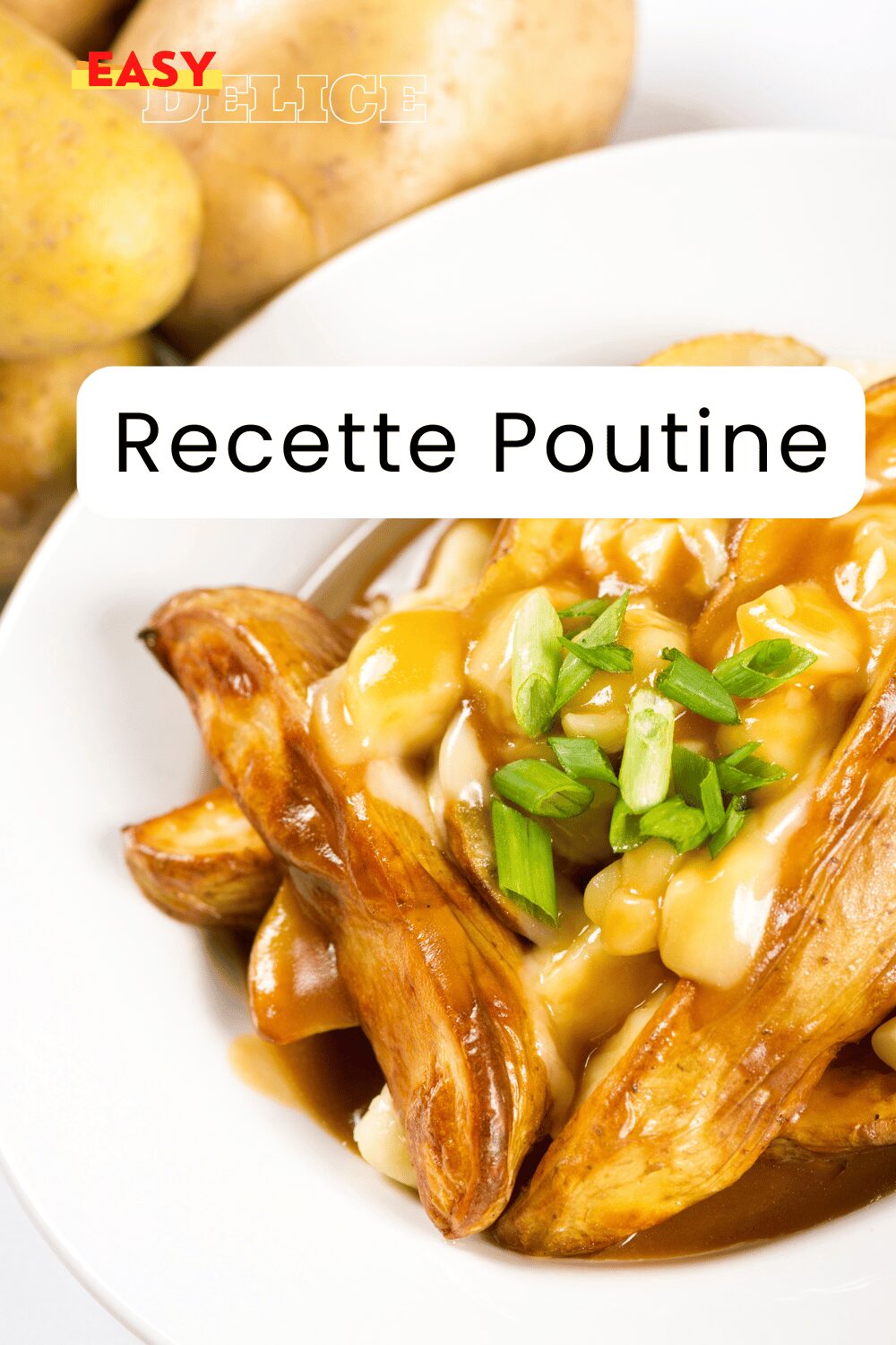 Poutine québécoise servie dans une assiette avec des frites dorées, du fromage en grains et une sauce brune nappante.