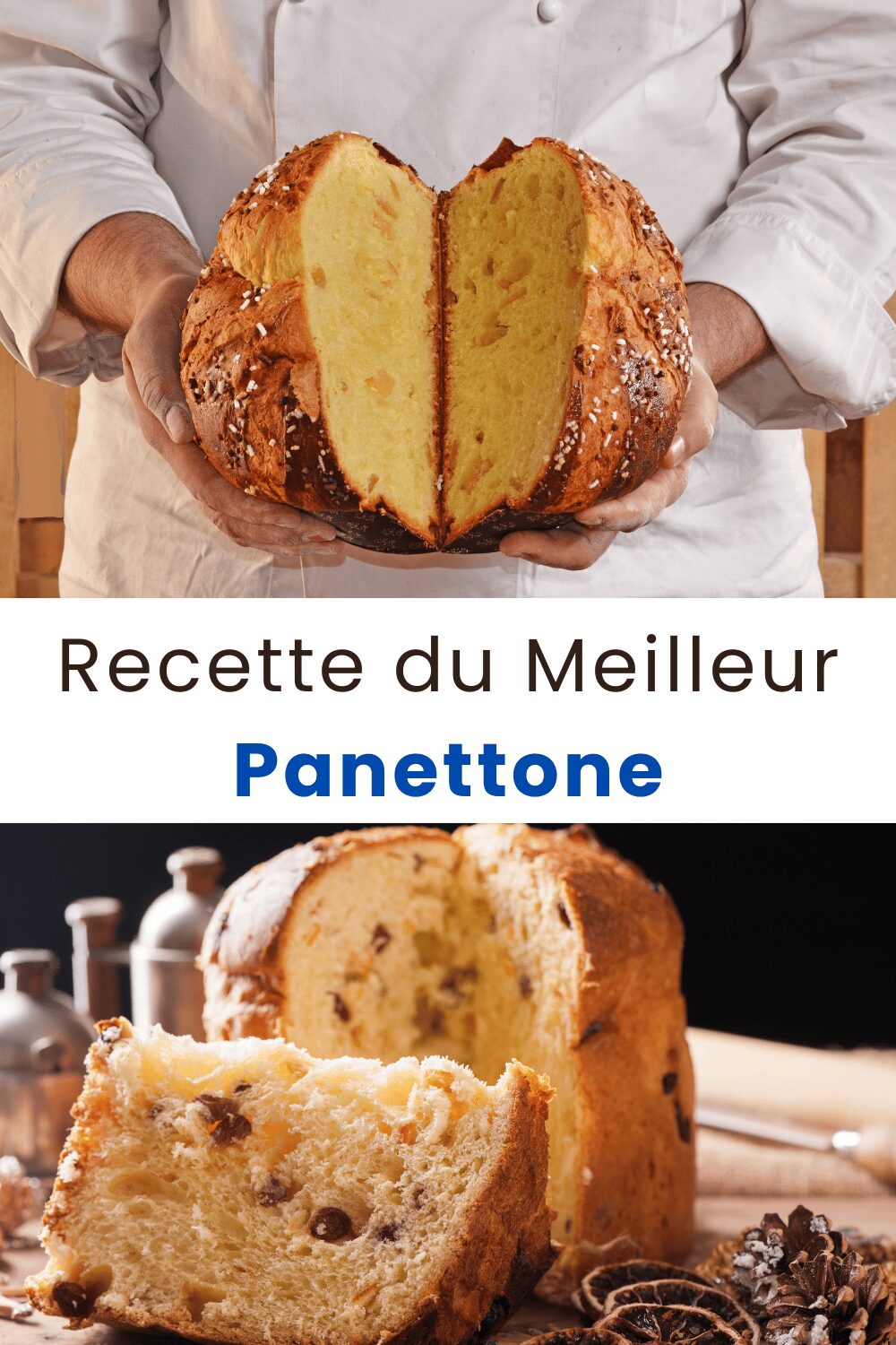 Panettone maison doré avec raisins secs et écorces d’orange sur une table festive.