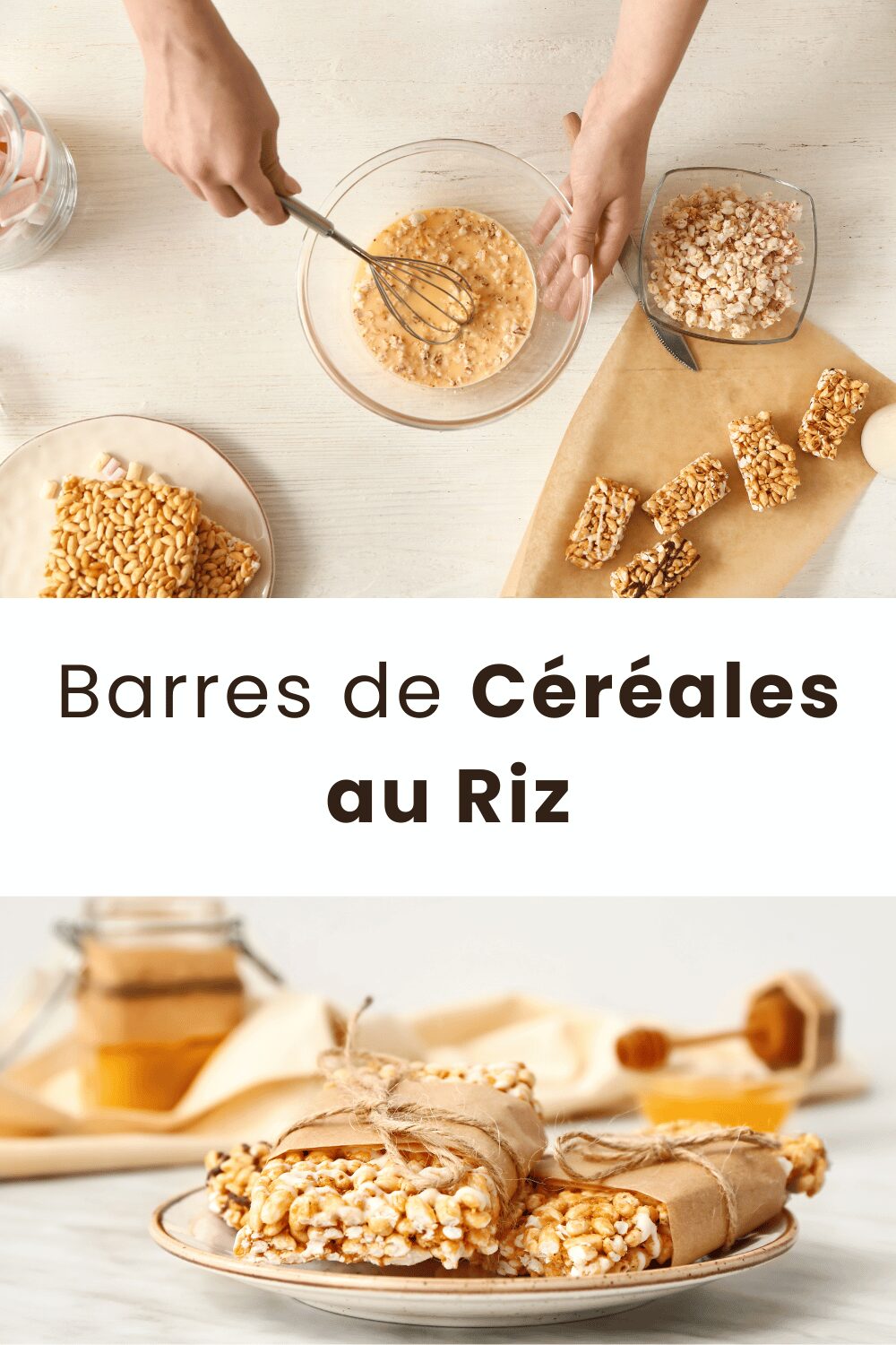 Barres de céréales au riz soufflé avec pépites de chocolat sur une planche en bois.