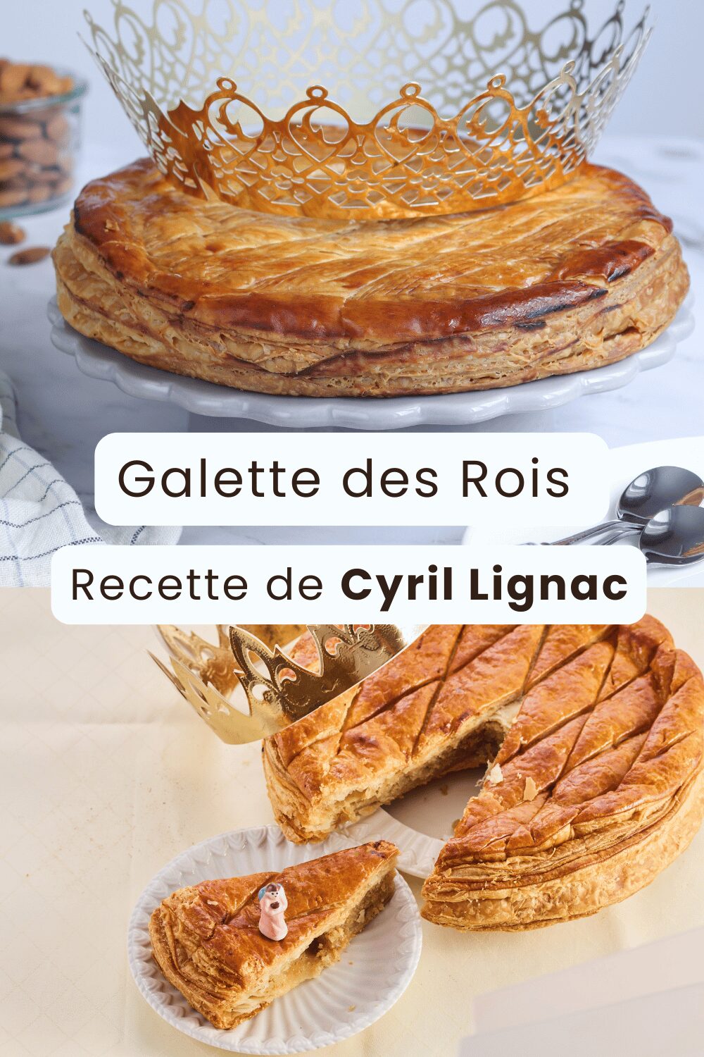 Galette des rois de Cyril Lignac dorée avec motifs en rosace sur une table festive.