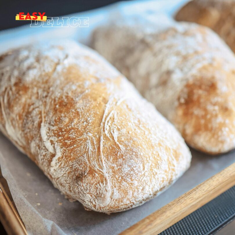 Pain ciabatta maison avec une mie alvéolée et une croûte dorée et croustillante.