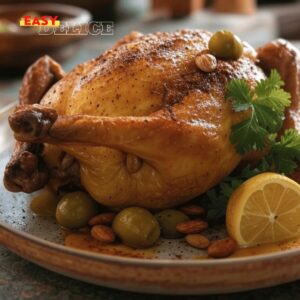 Poulet rôti à la marocaine doré, servi avec sauce daghmira, olives et citron confit.