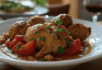 Lapin à l’italienne mijoté dans une cocotte, garni de sauce tomate et champignons, servi avec de la polenta