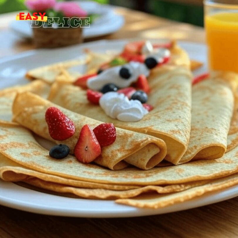 Crêpes dorées empilées sur une assiette, garnies de fruits frais et de sucre glace