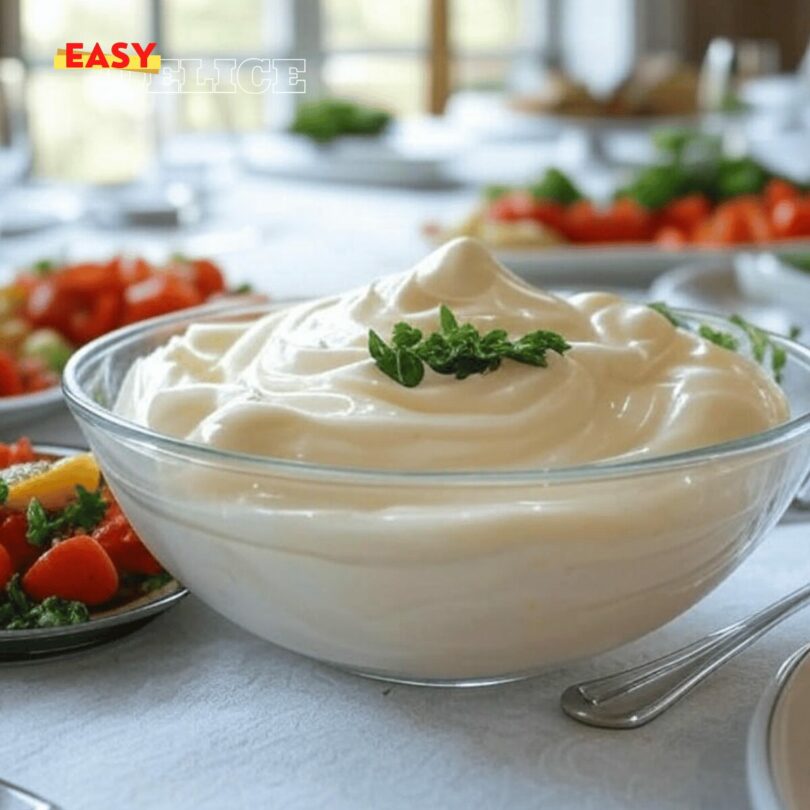 Mayonnaise maison onctueuse dans un bol, servie avec des crudités et des frites.