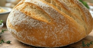 Pain artisanal maison avec une croûte dorée, tranché sur une planche en bois