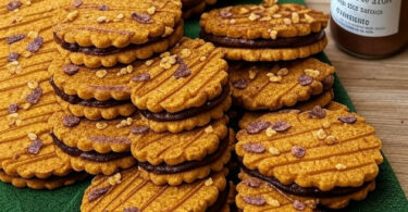 Sablés chocolat noisette fourrés de ganache, décorés de caramel et noisettes concassées