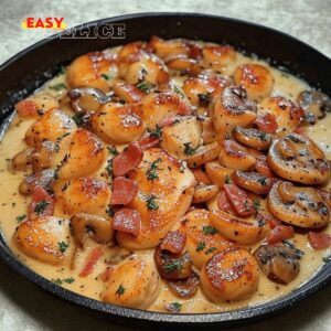 Émincés de poulet à la moutarde, lardons et champignons dans une sauce crémeuse, servis avec une écrasée de pommes de terre.