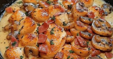 Émincés de poulet à la moutarde, lardons et champignons dans une sauce crémeuse, servis avec une écrasée de pommes de terre.