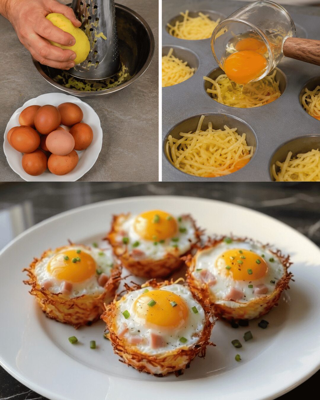 Nids de Pommes de Terre aux Œufs, Jambon et Fromage