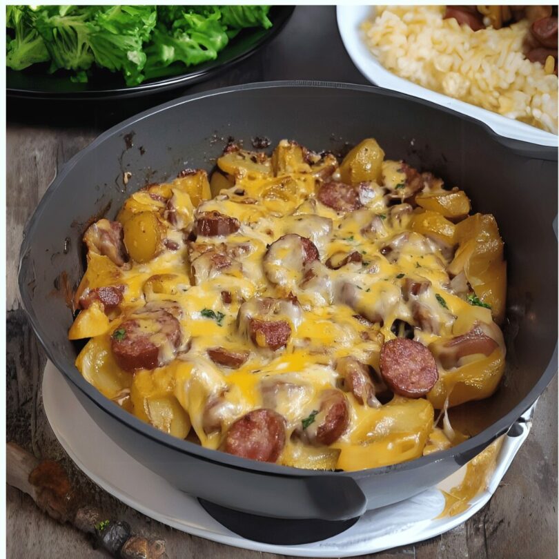 pommes de terre croustillantes, saucisse fumée et fromage fondant