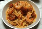 Spaghetti à la Crème de Poivron, Chorizo et Crevettes