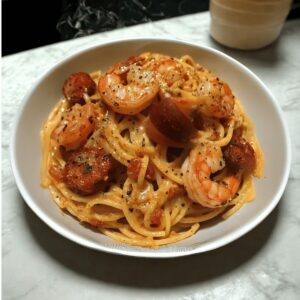Spaghetti à la Crème de Poivron, Chorizo et Crevettes