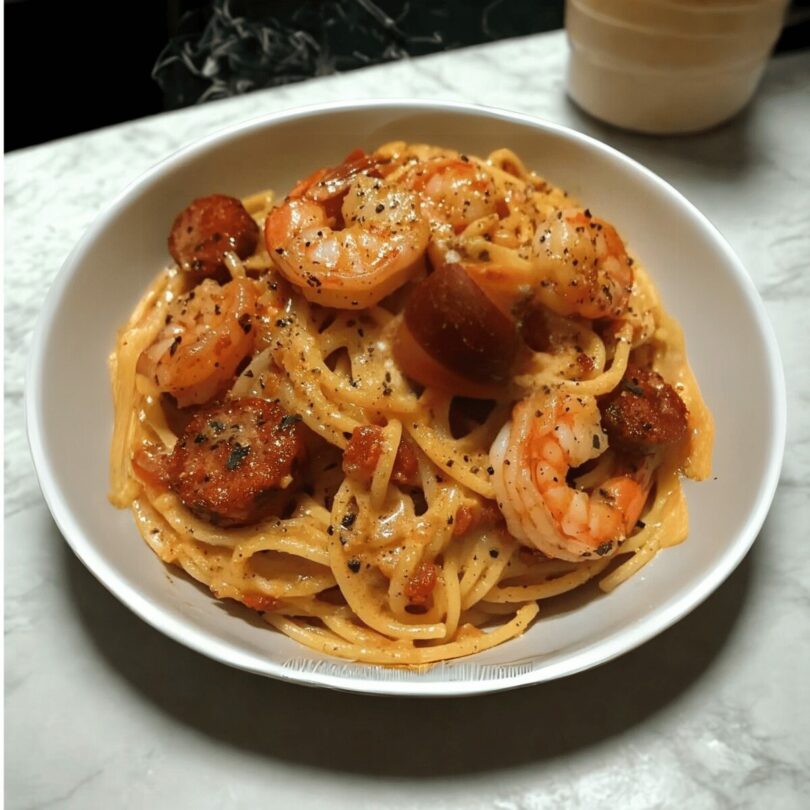 Spaghetti à la Crème de Poivron, Chorizo et Crevettes