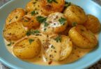 Pommes de Terre Grenaille à la Sauce Crémeuse à l’Ail et Lardons