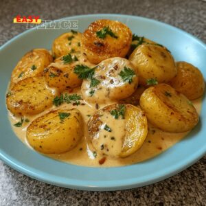 Pommes de Terre Grenaille à la Sauce Crémeuse à l’Ail et Lardons