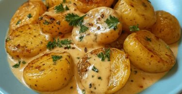 Pommes de Terre Grenaille à la Sauce Crémeuse à l’Ail et Lardons