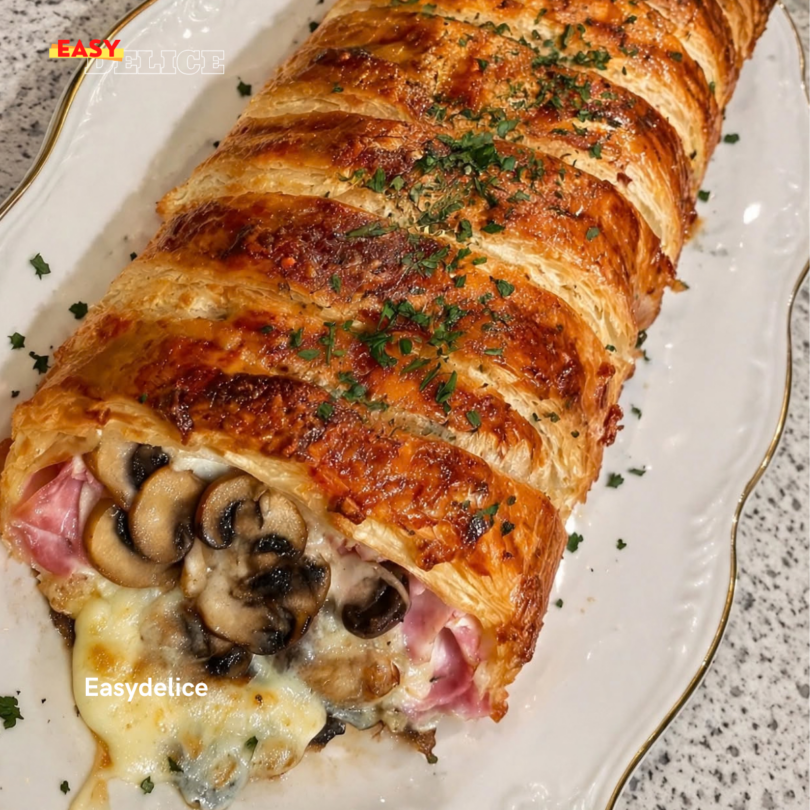 Tresse feuilletée aux champignons et au jambon