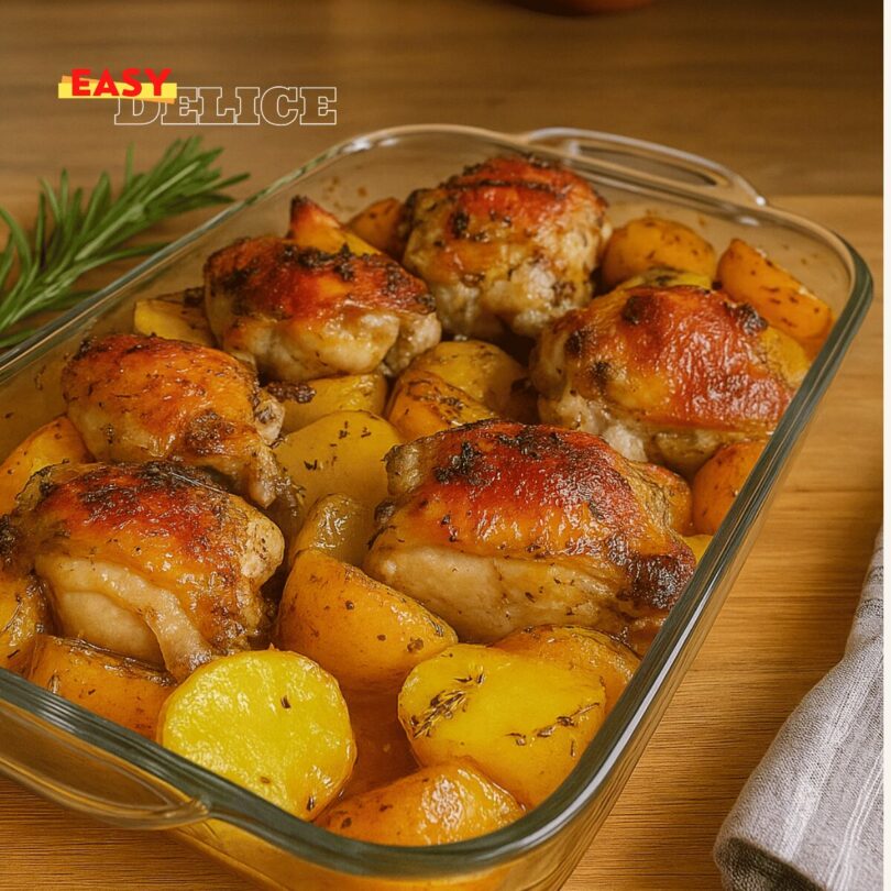 Cuisses de poulet au four & pommes de terre rôties à l’ail