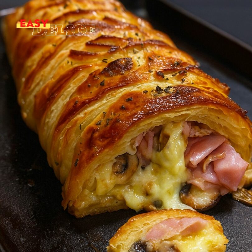 Tresse feuilletée aux champignons et au jambon