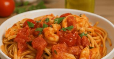 Pâtes aux tomates cerises et crevettes (prêtes en 10 minutes)
