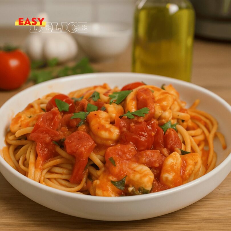 Pâtes aux tomates cerises et crevettes (prêtes en 10 minutes)