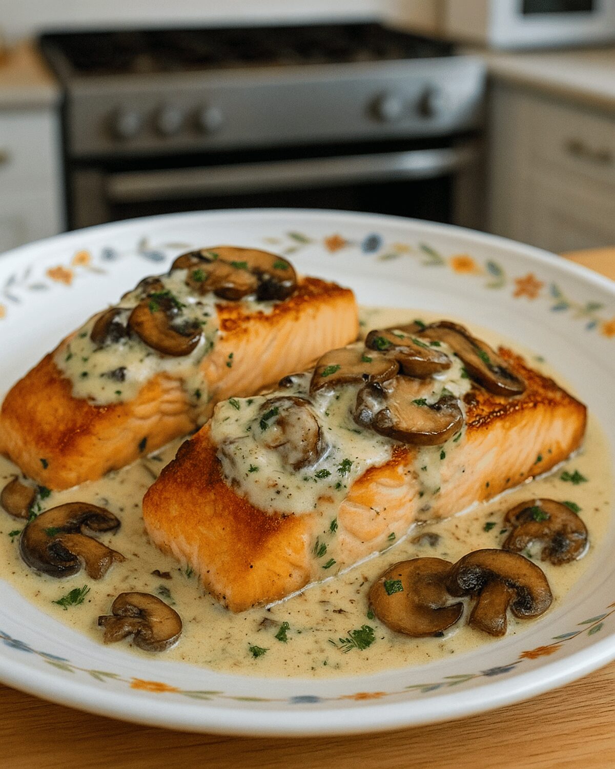 Saumon à la Crème, Ail et Champignons