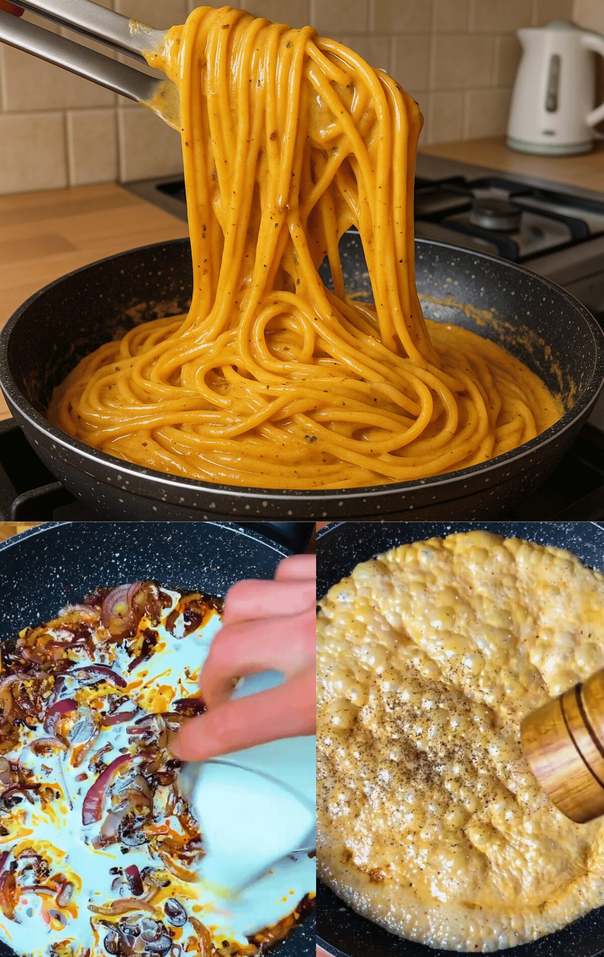 Pâtes Crémeuses aux Oignons Caramélisés et Lait de Coco