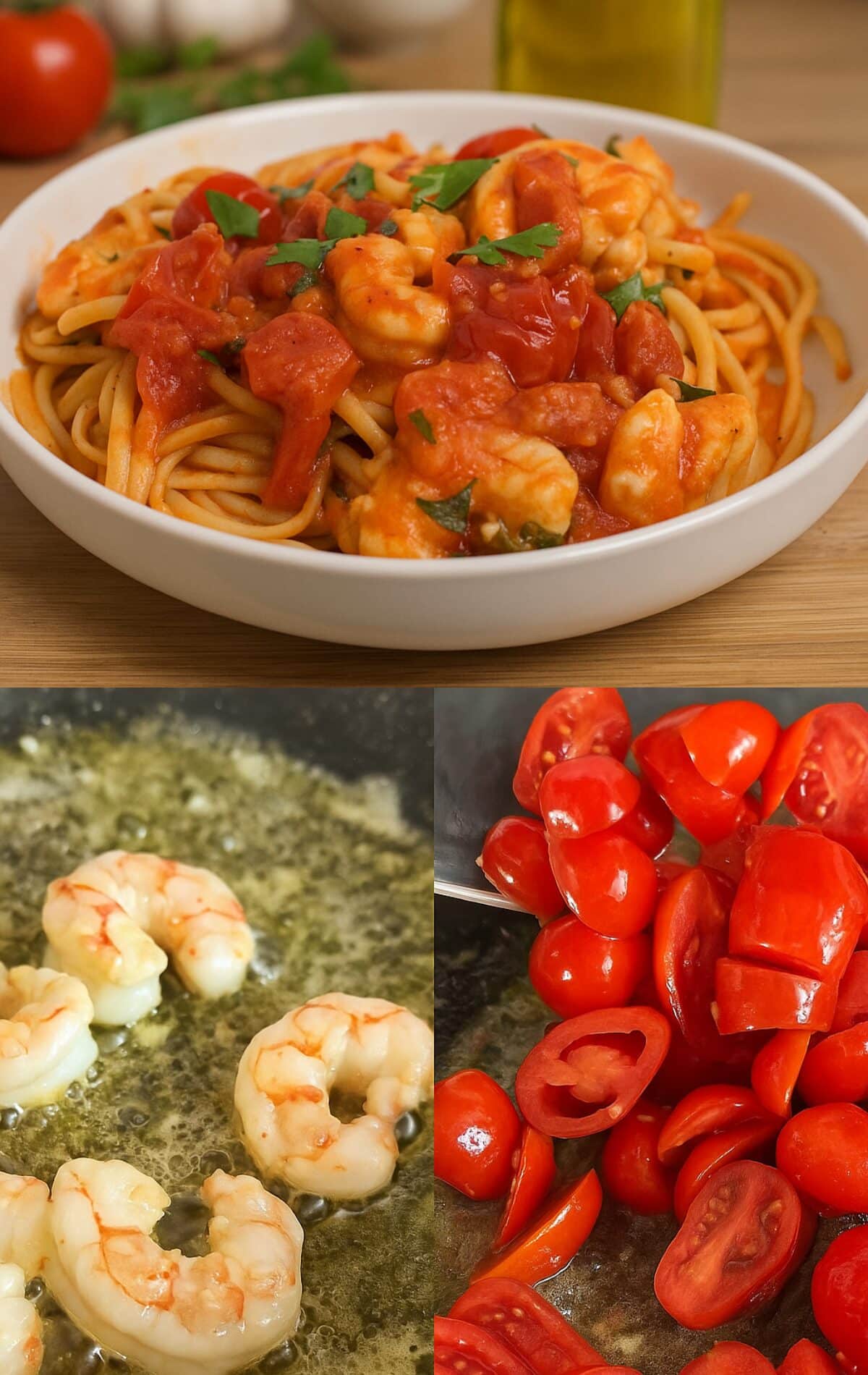 Pâtes aux tomates cerises et crevettes (prêtes en 10 minutes)