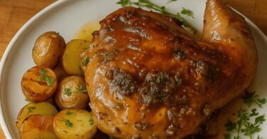 Cuisse de canard aux pommes de terre confites et sauce au miel & vin blanc