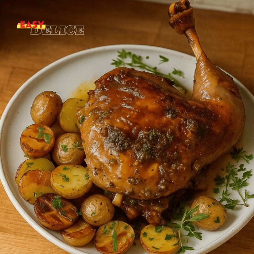 Cuisse de canard aux pommes de terre confites et sauce au miel & vin blanc