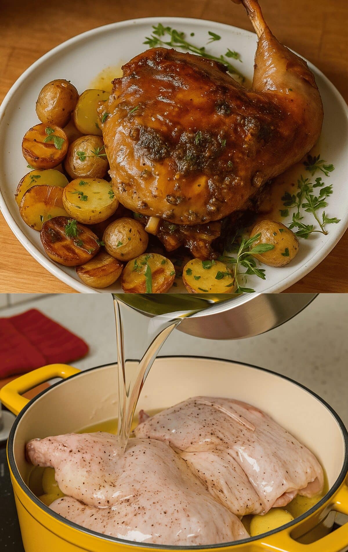 Cuisse de canard aux pommes de terre confites et sauce au miel & vin blanc