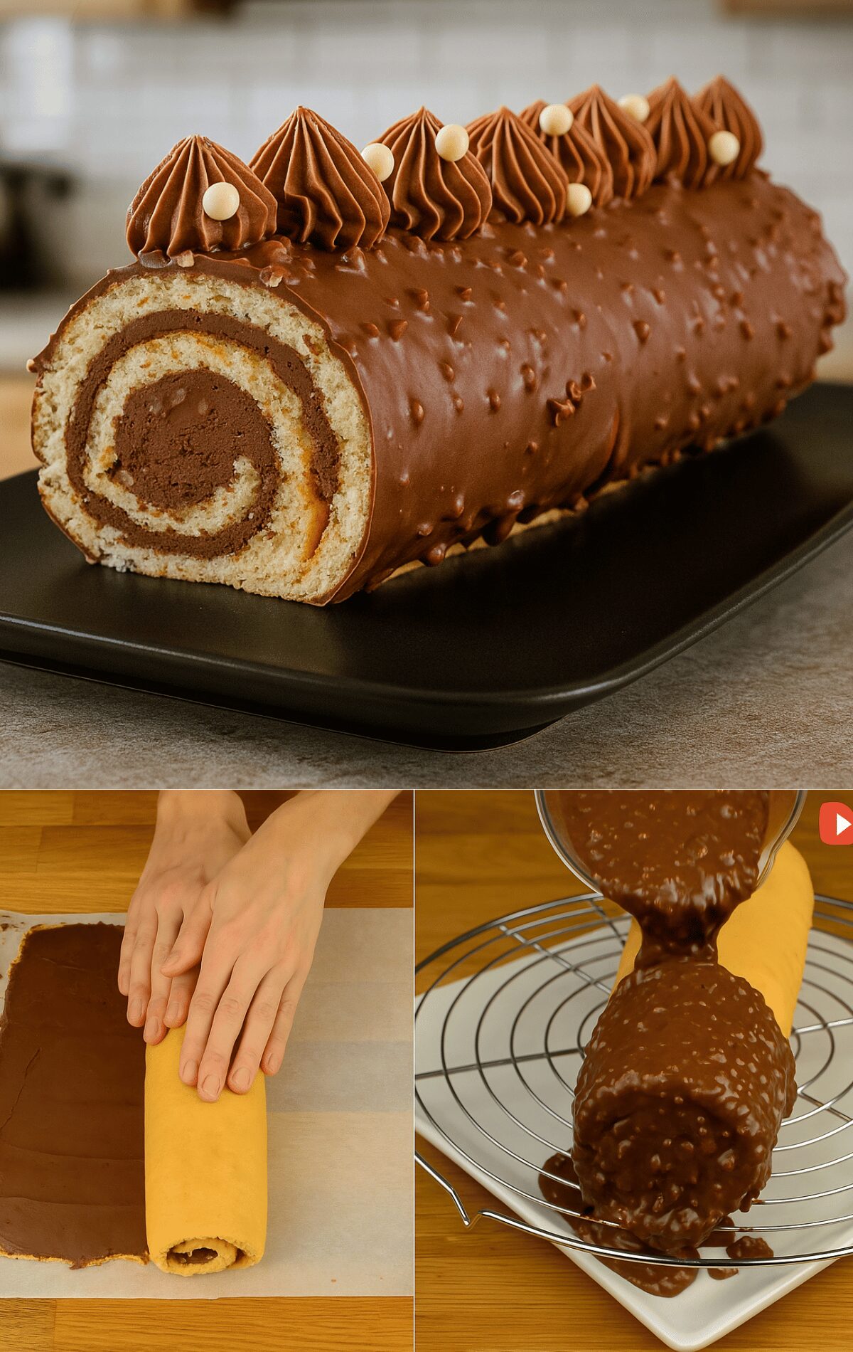 BÛCHE ROULÉE AU CHOCOLAT – FACILE À FAIRE & GLAÇAGE ROCHER