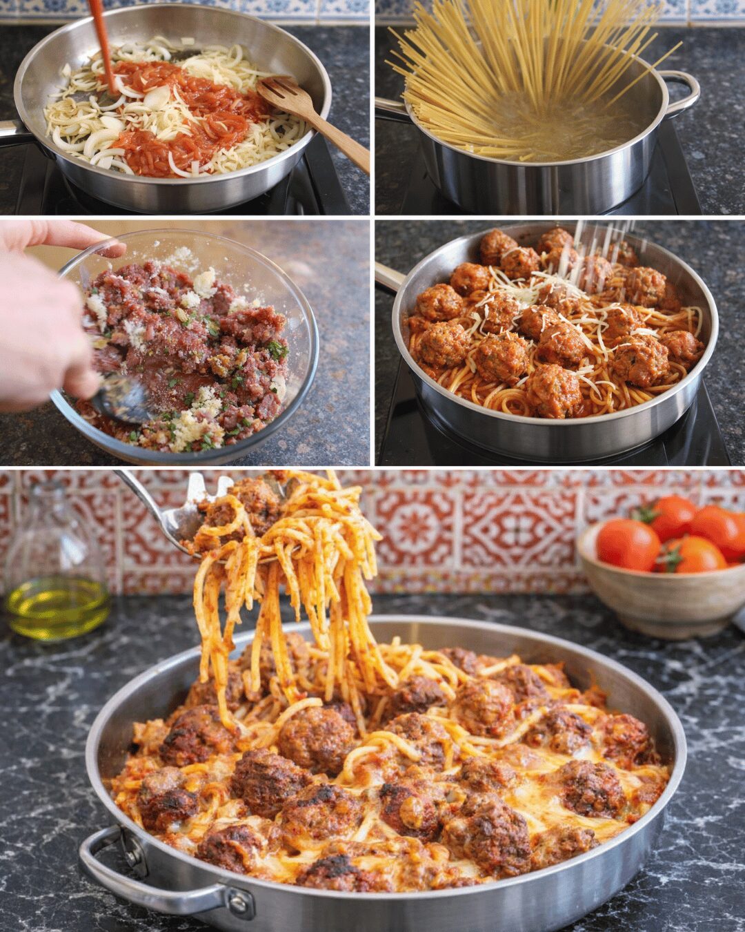 Gratin de Linguine aux Boulettes de Viande 