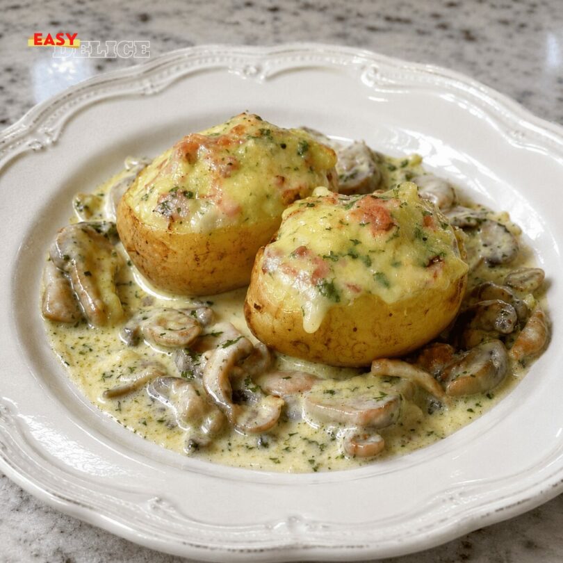 Pommes de Terre Farcies au Lard Fumé, Reblochon & Champignons à la Crème