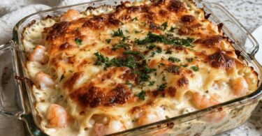 Gratin de Pâtes aux Crevettes, Sauce Crémeuse et Fromage Gratiné