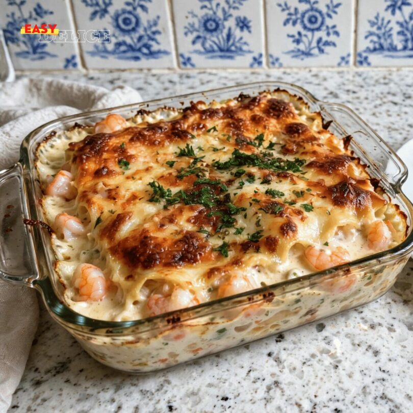 Gratin de Pâtes aux Crevettes, Sauce Crémeuse et Fromage Gratiné