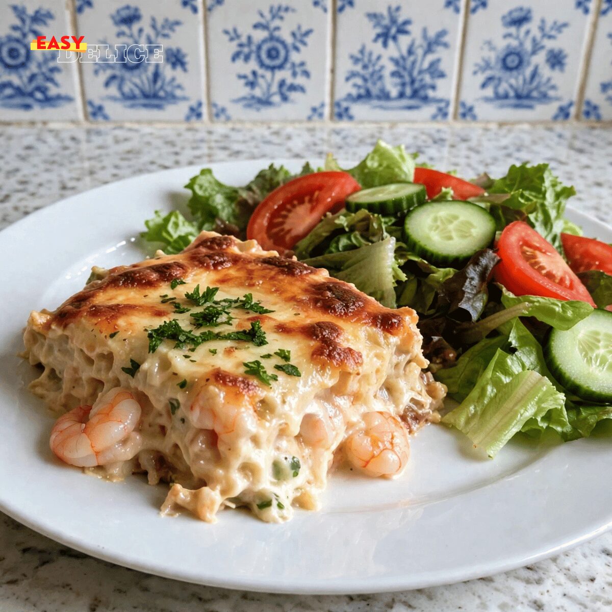 Gratin de Pâtes aux Crevettes, Sauce Crémeuse et Fromage Gratiné