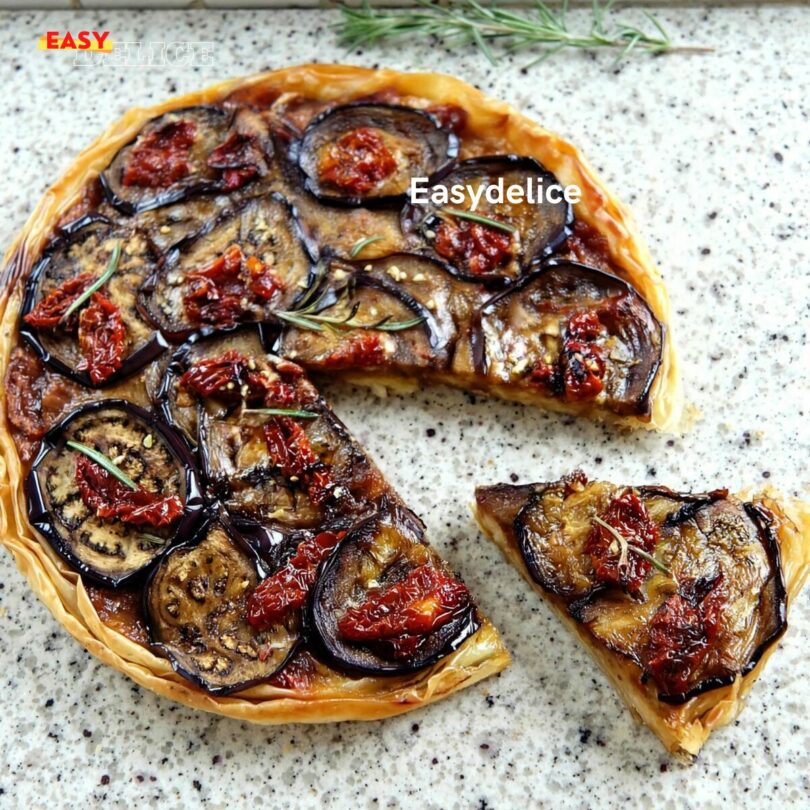 Tatin d’Aubergines aux Tomates Séchées, à l’Ail & au Romarin