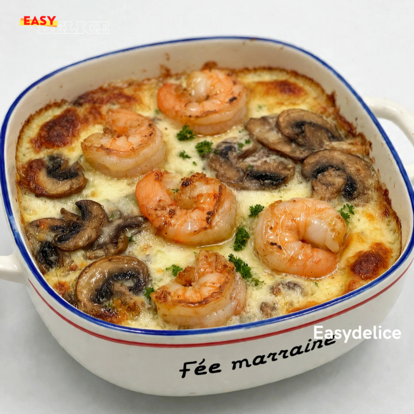 Gratin Crémeux de Crevettes & Champignons