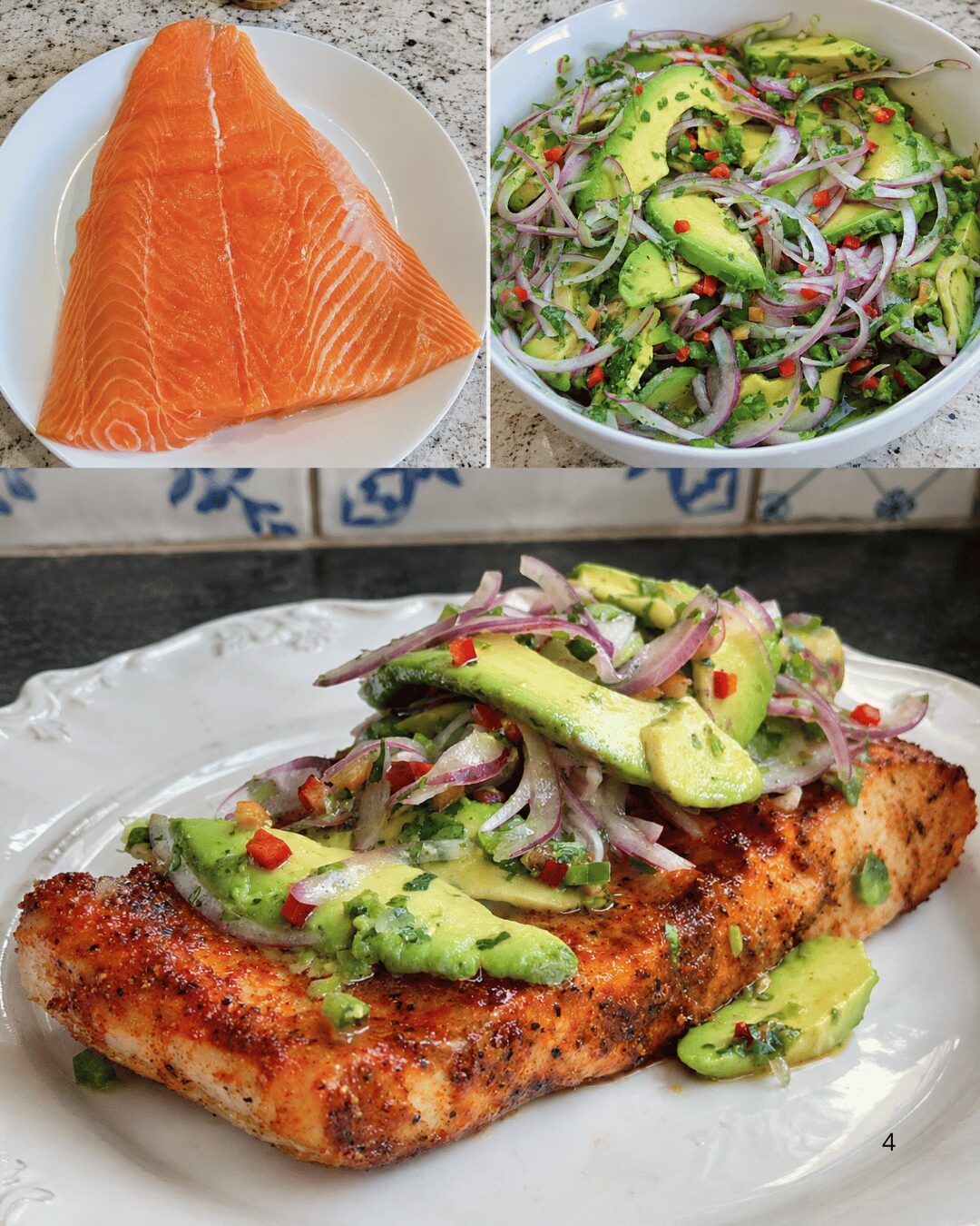 Saumon Grillé à l’Avocat, Citron Vert et Oignon Rouge