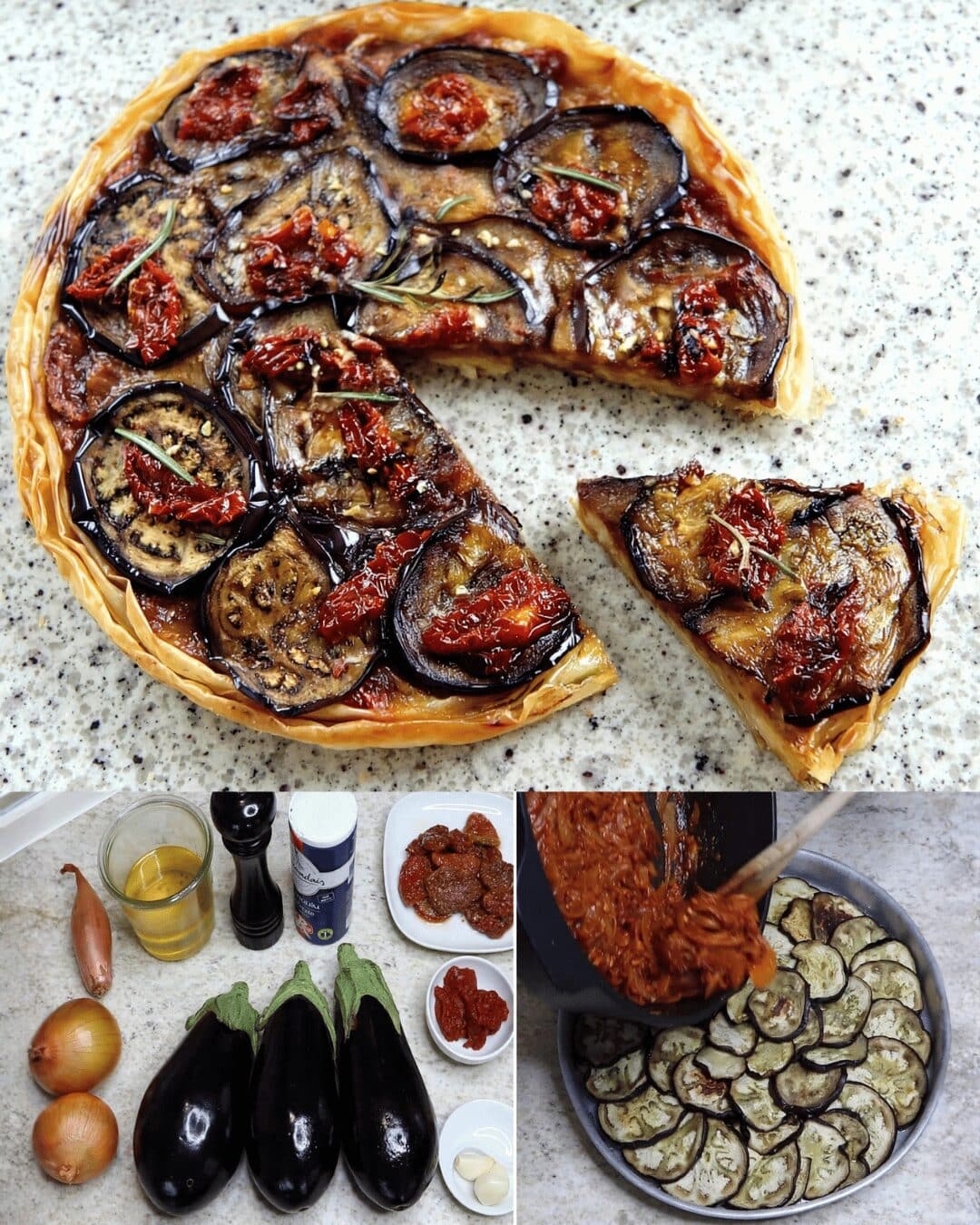 Tatin d’Aubergines aux Tomates Séchées, à l’Ail & au Romarin